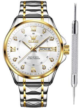 Olevs Men's Silver Gold Stainless White Face Analog Waterproof Luminous Watch